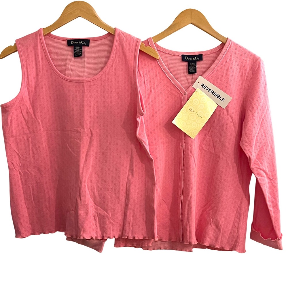 Denim & Co Cardigan Tank Twin Set Womens Small Pink Reversible Pointelle Striped